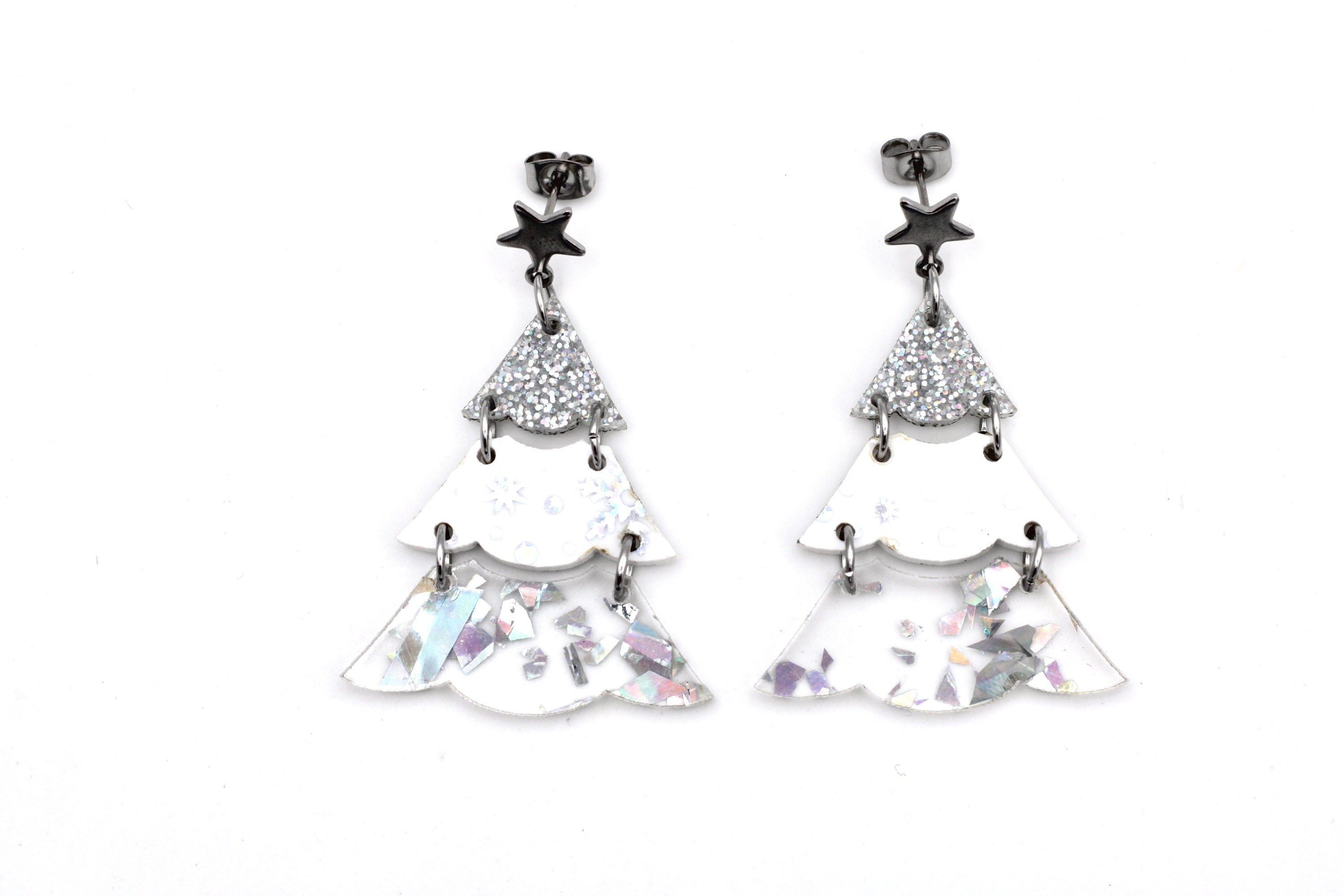 Silver Holographic Glitter Christmas Tree Earrings