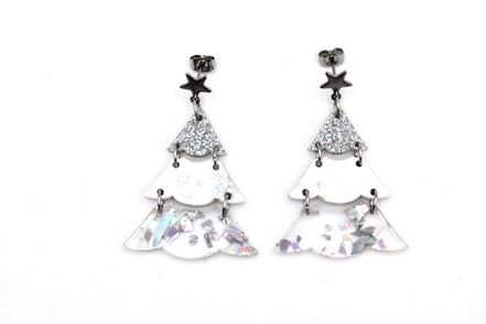 Silver Holographic Glitter Christmas Tree Earrings