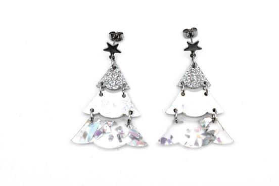Silver Holographic Glitter Christmas Tree Earrings