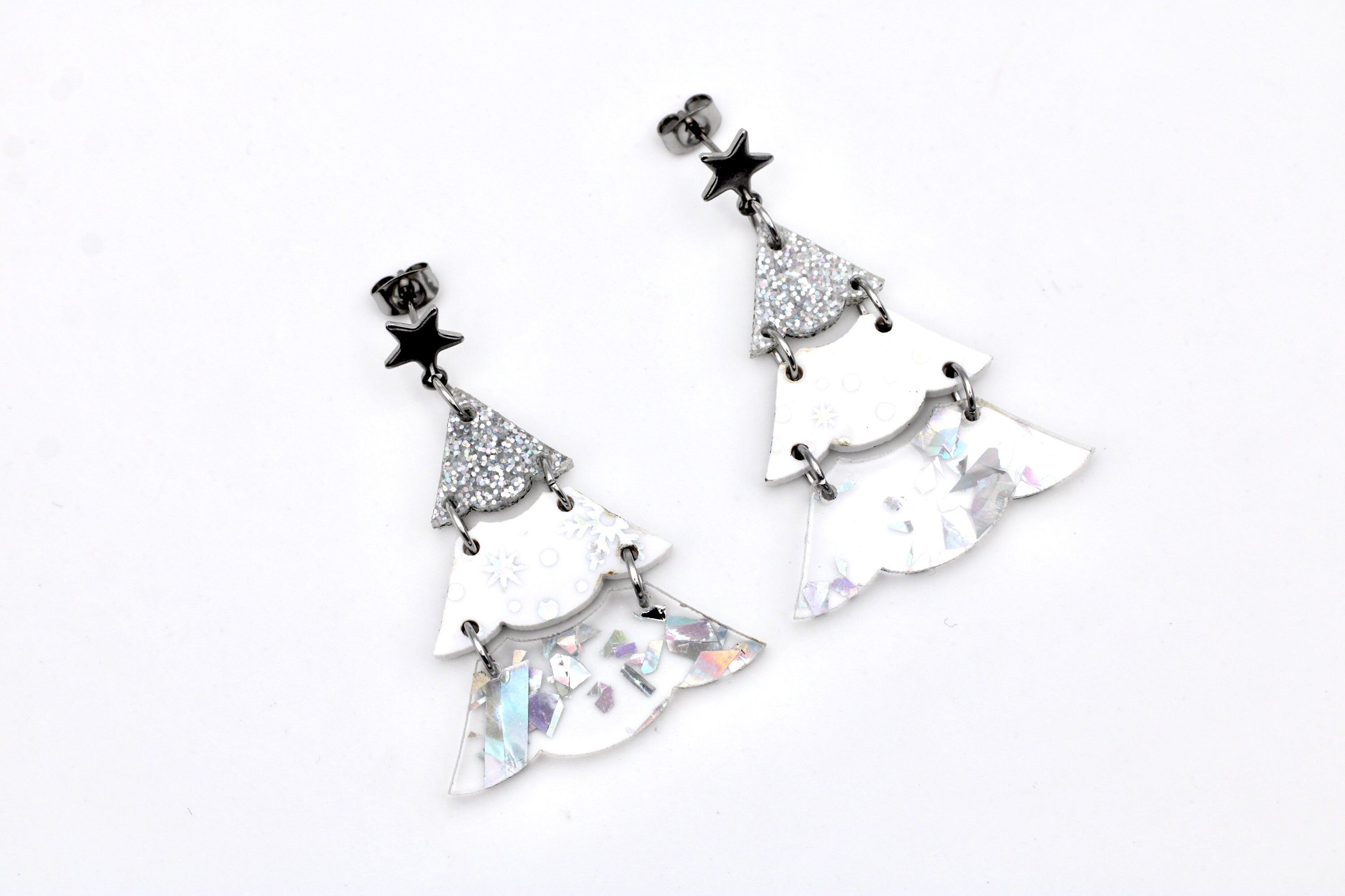 Silver Holographic Glitter Christmas Tree Earrings