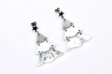 Silver Holographic Glitter Christmas Tree Earrings