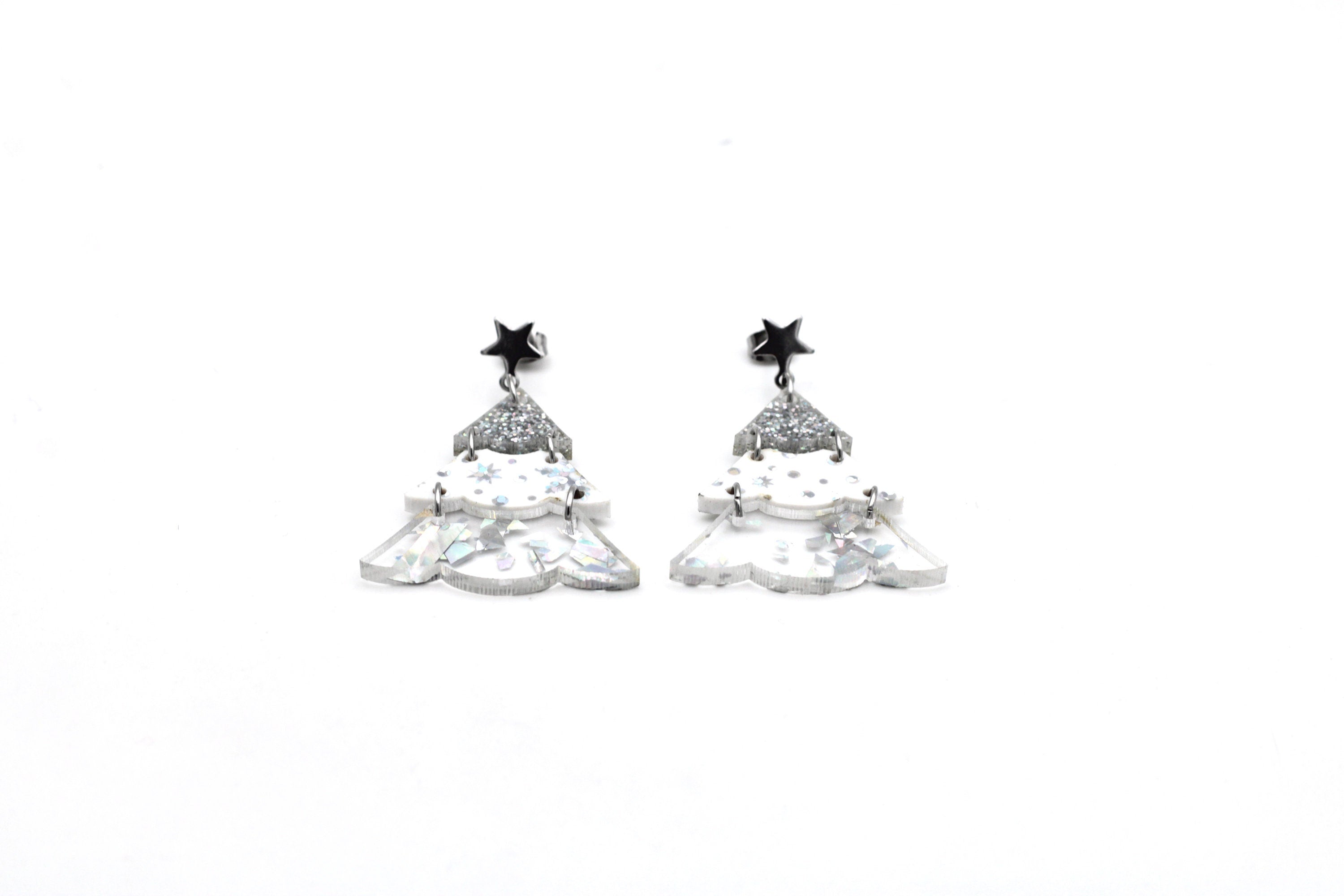 Silver Holographic Glitter Christmas Tree Earrings