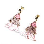 Pink Glitter Christmas Tree Earrings