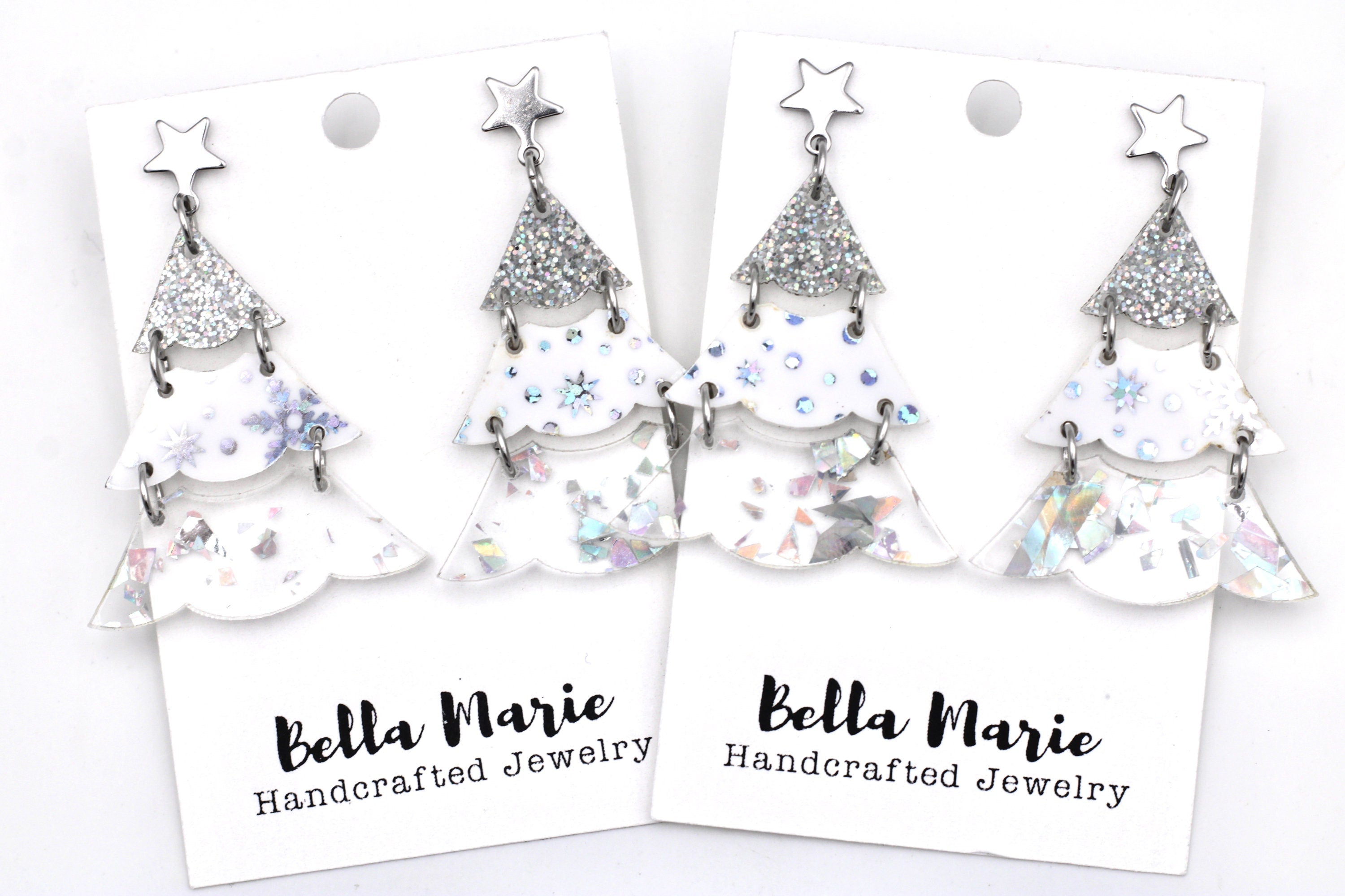 Silver Holographic Glitter Christmas Tree Earrings