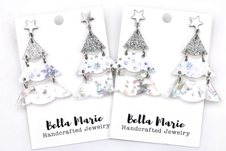 Silver Holographic Glitter Christmas Tree Earrings