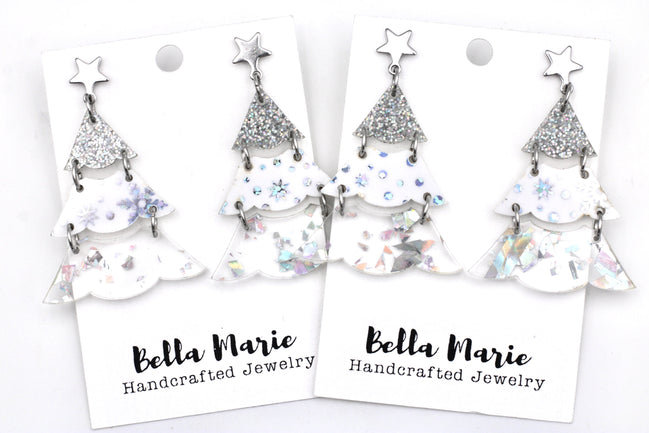 Silver Holographic Glitter Christmas Tree Earrings
