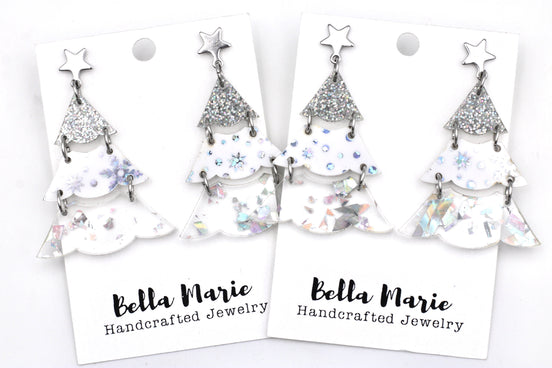 Silver Holographic Glitter Christmas Tree Earrings