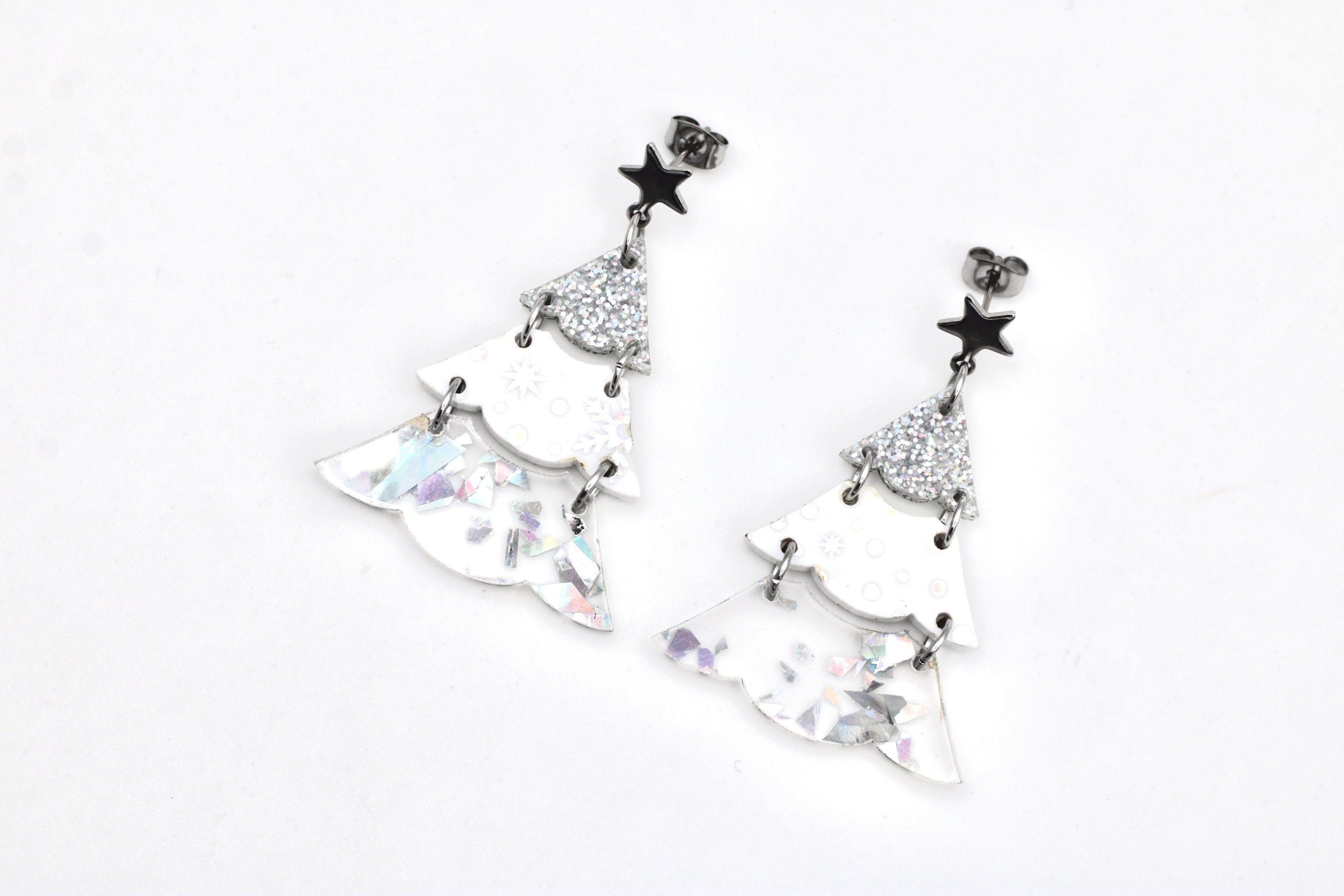 Silver Holographic Glitter Christmas Tree Earrings
