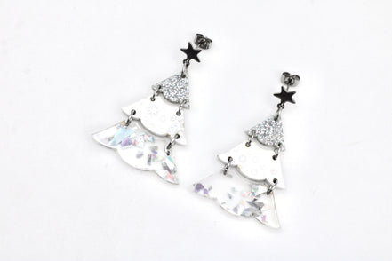 Silver Holographic Glitter Christmas Tree Earrings