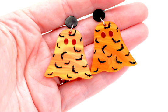Orange Bat Ghost Earrings