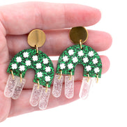 Green Glitter Clover Fringe Arch Earrings