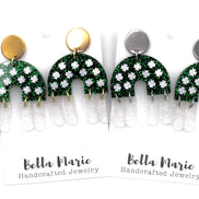 Green Glitter Clover Fringe Arch Earrings