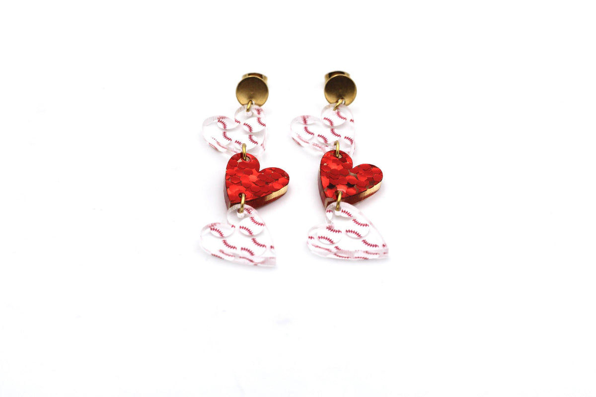 Baseball Triple Heart Earrings