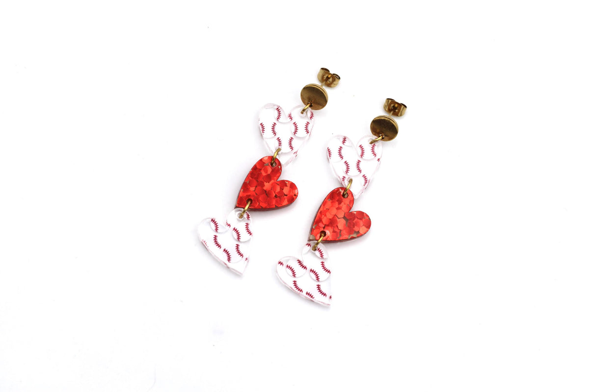 Baseball Triple Heart Earrings