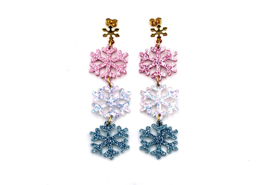 Pink & Blue Glitter Snowflake Earrings