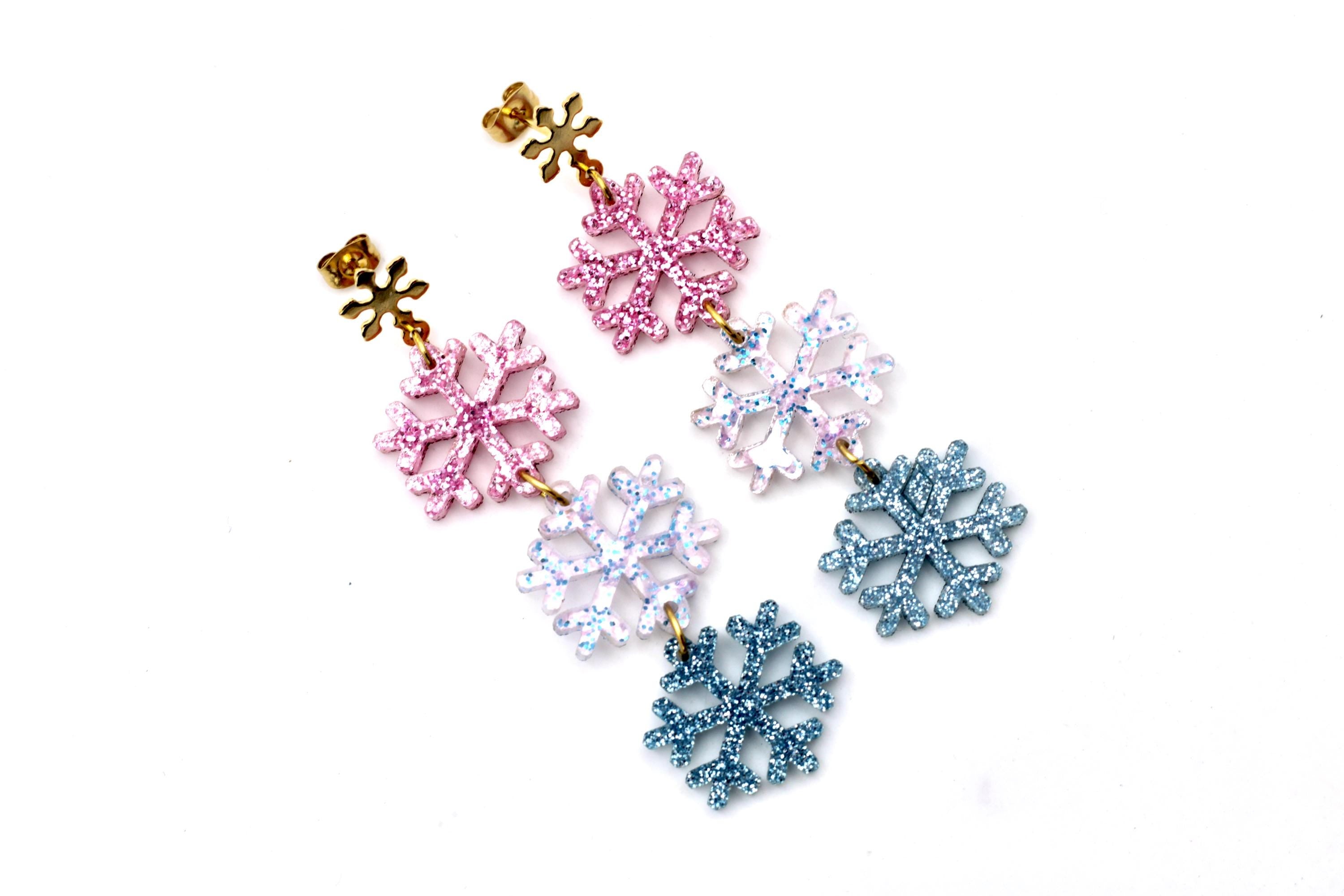 Pink & Blue Glitter Snowflake Earrings