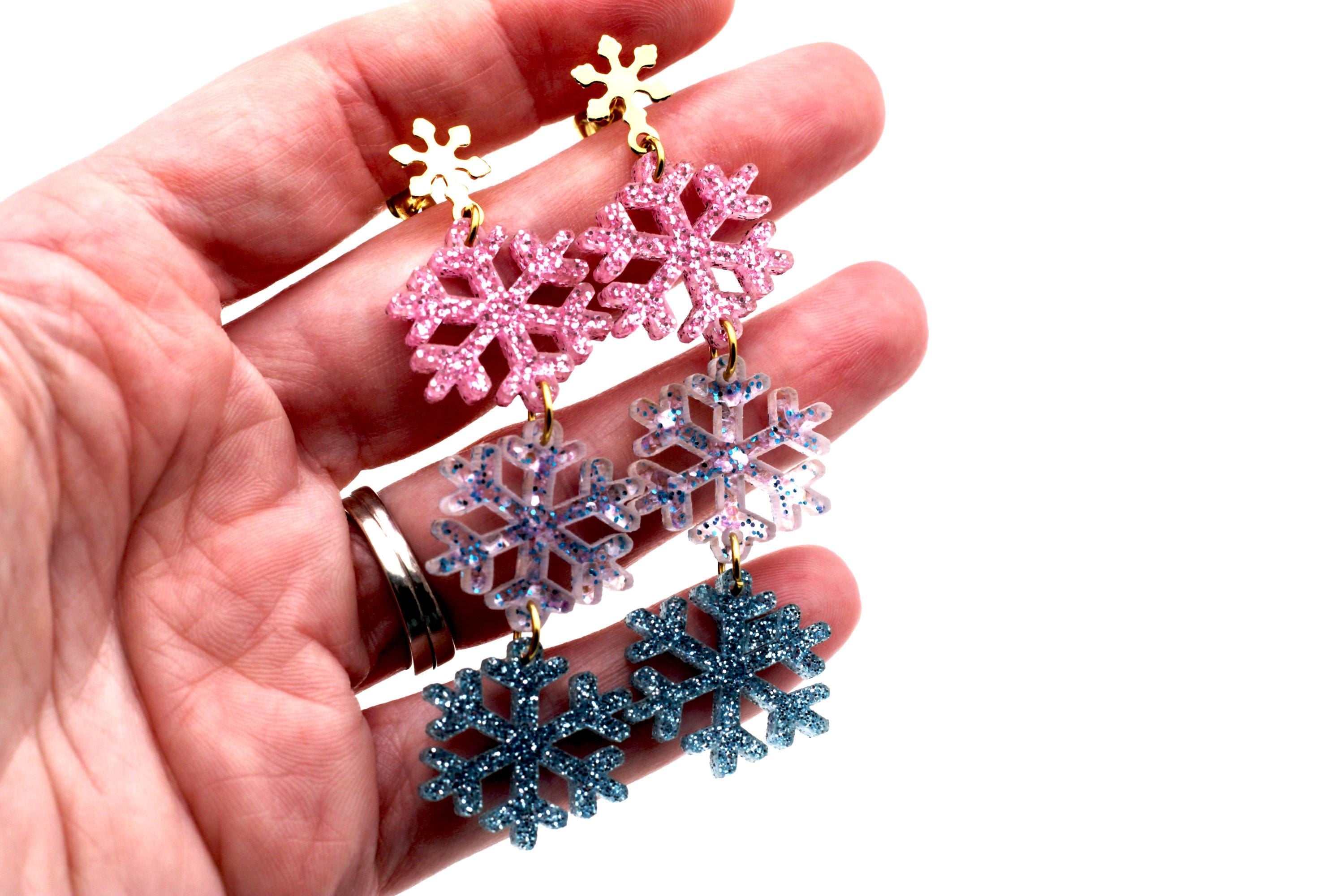 Pink & Blue Glitter Snowflake Earrings