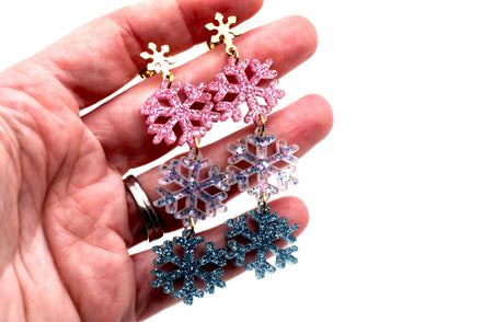 Pink & Blue Glitter Snowflake Earrings