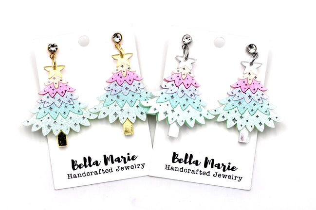 Pastel Glitter Christmas Tree Earrings