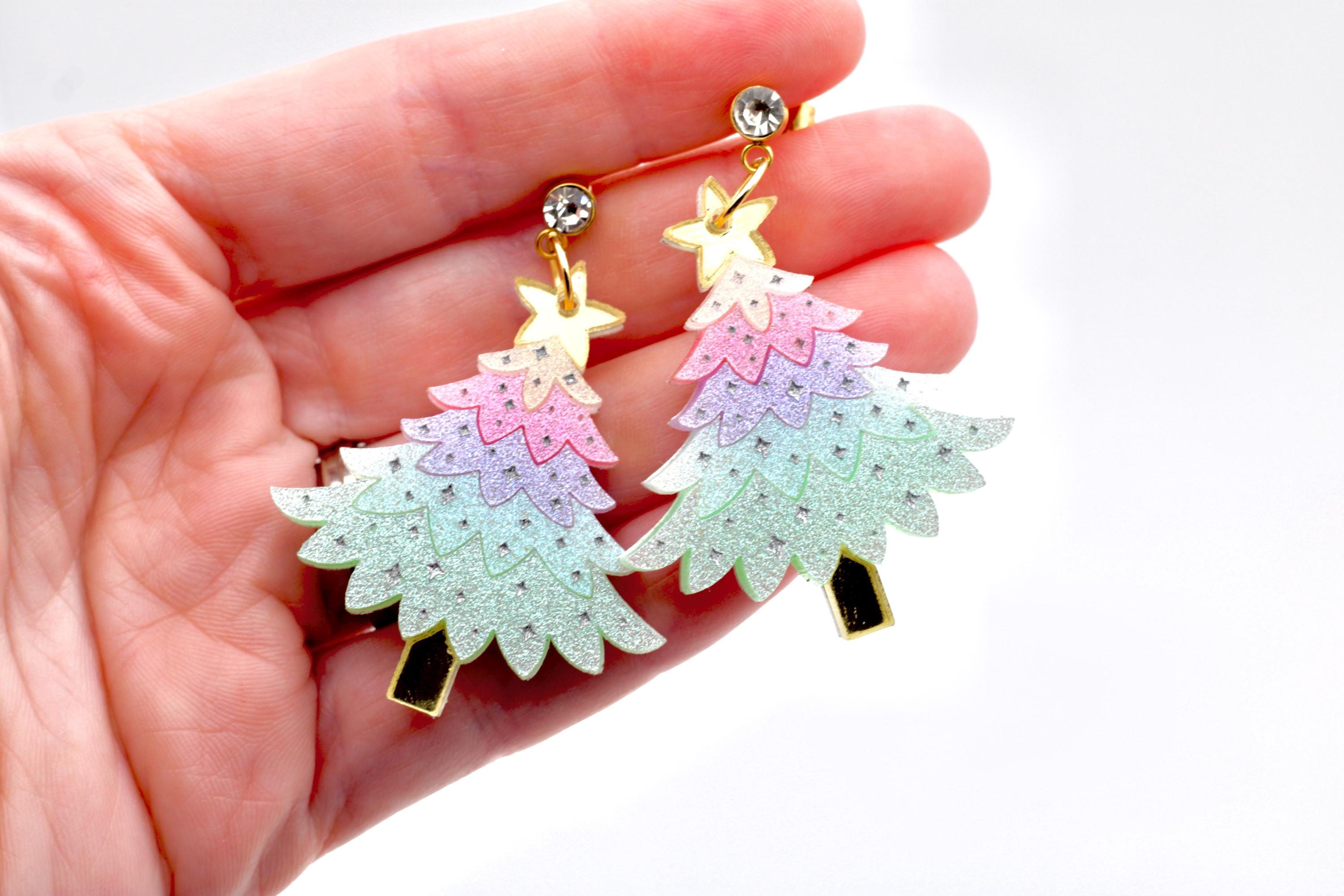 Pastel Glitter Christmas Tree Earrings