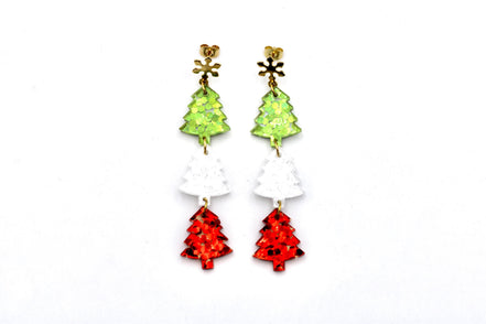 Red White Green Triple Tree Earrings