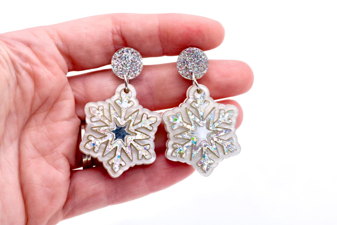 Silver Holographic Snowflake Earrings