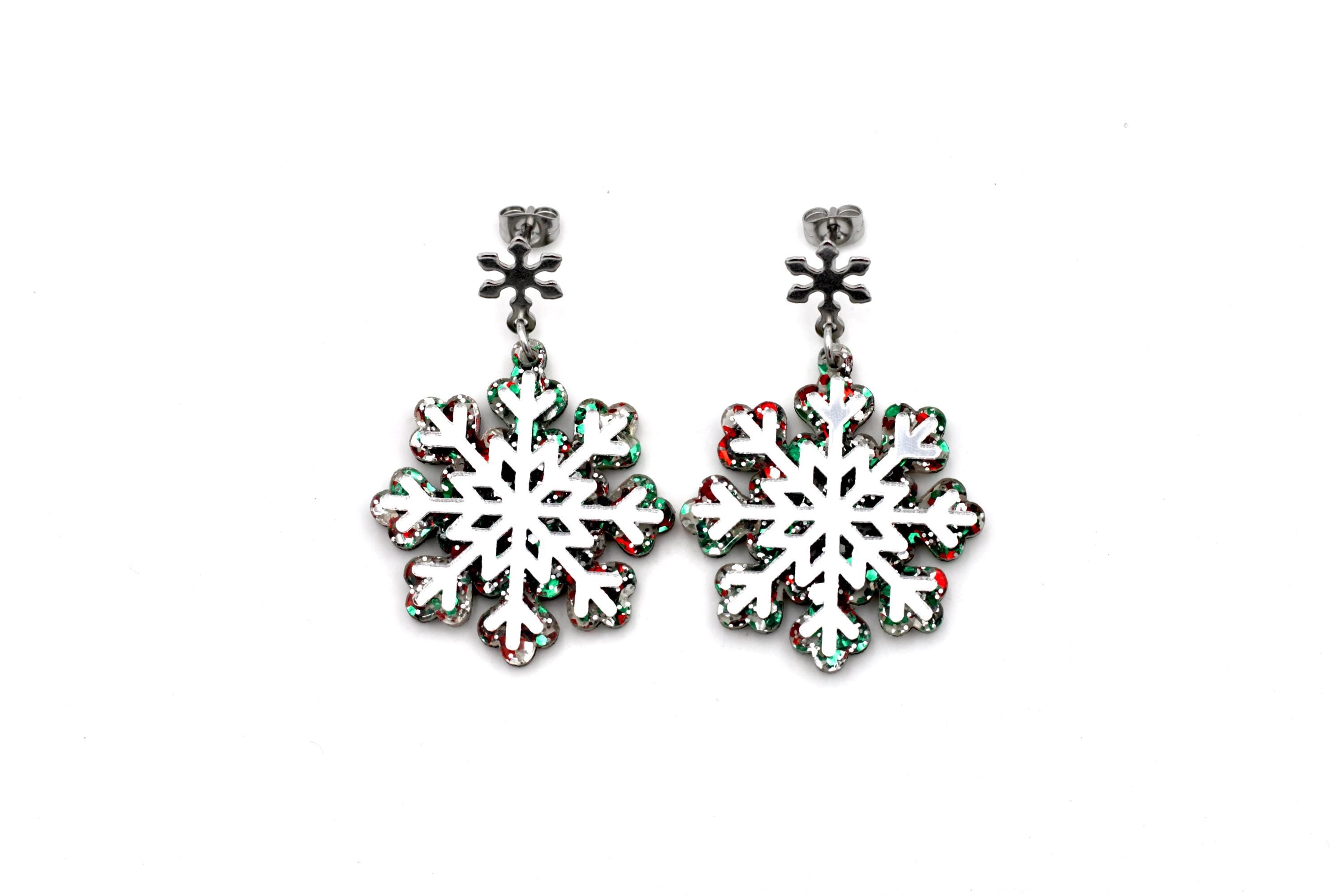 Red Green Silver Snowflake Earrings