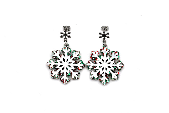 Red Green Silver Snowflake Earrings