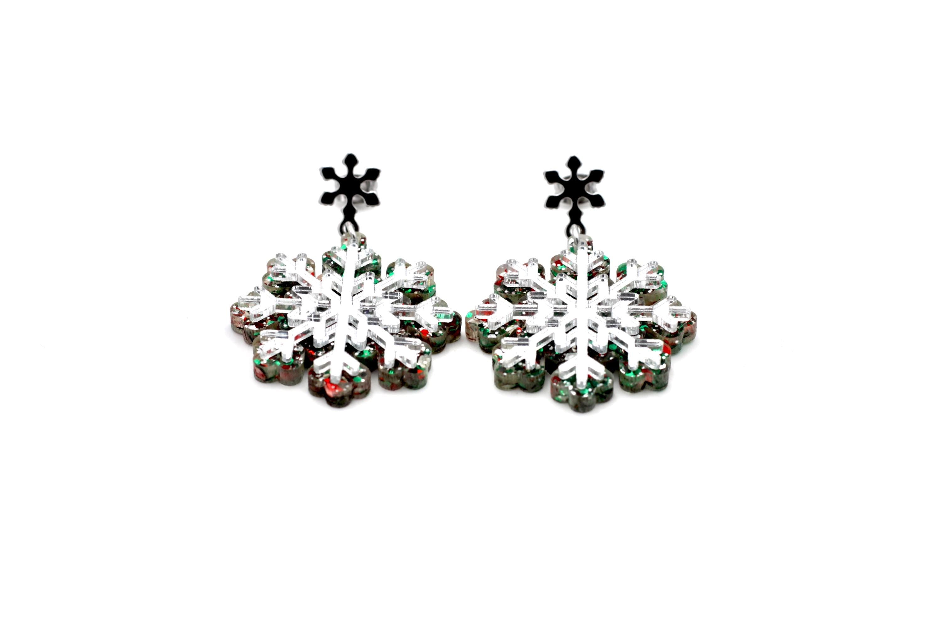 Red Green Silver Snowflake Earrings