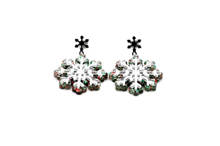 Red Green Silver Snowflake Earrings