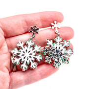 Red Green Silver Snowflake Earrings