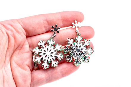 Red Green Silver Snowflake Earrings