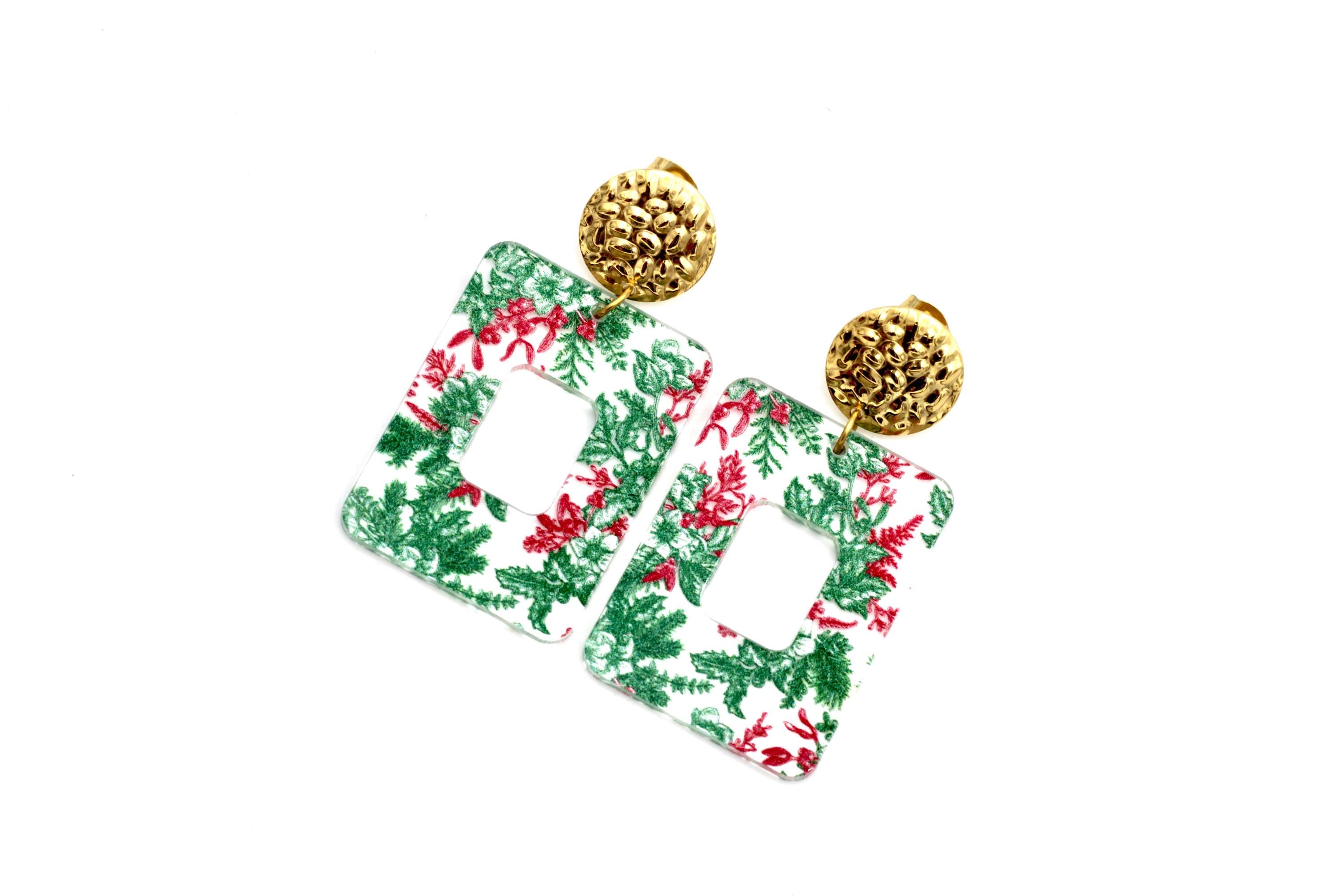 Red & Green Christmas Floral Earrings