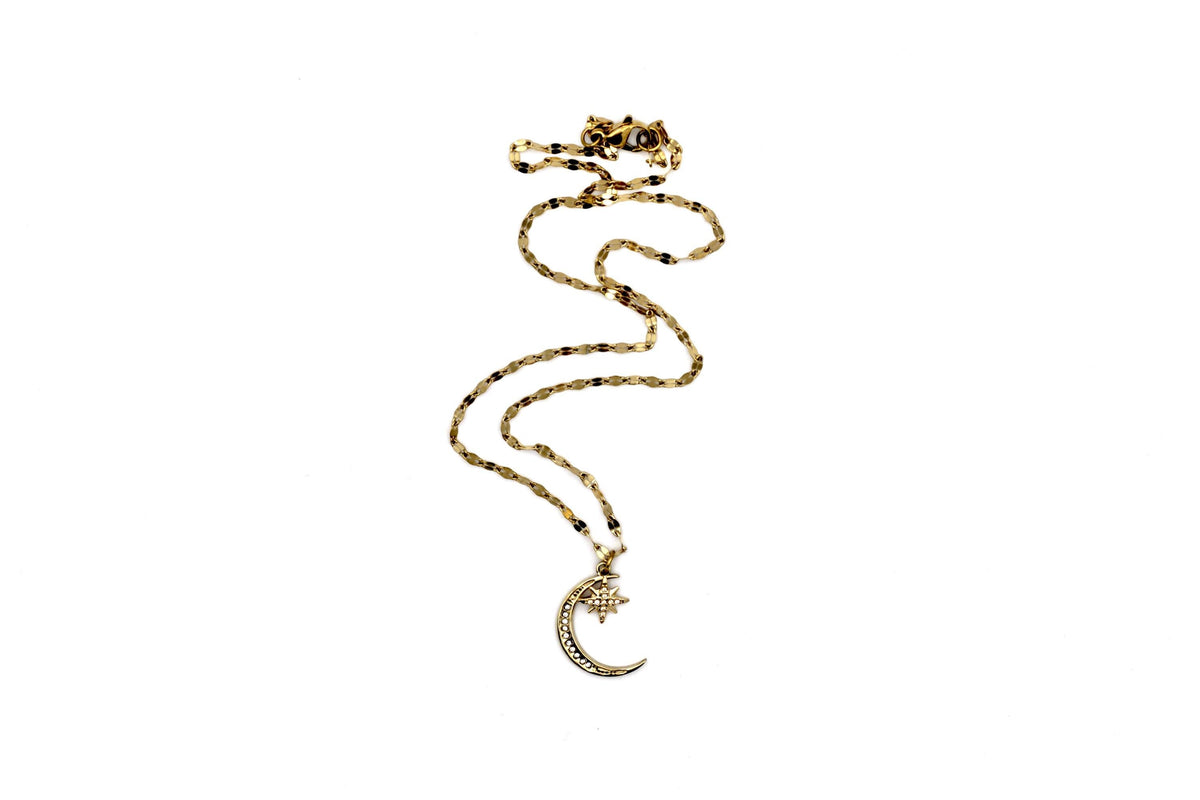 Gold Crescent Moon Rhinestone Necklace