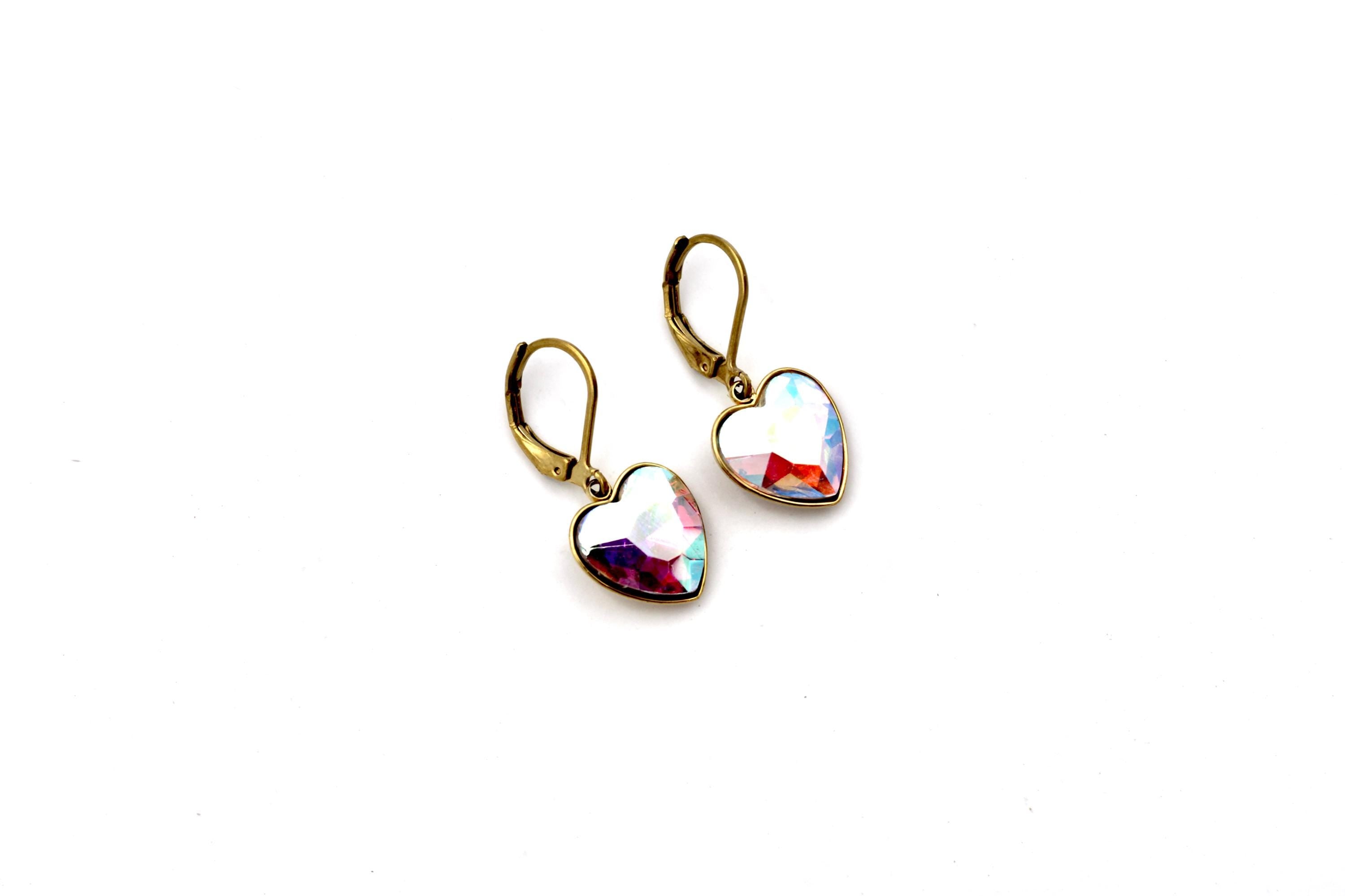 Multicolor Rhinestone Heart Leverback Earrings