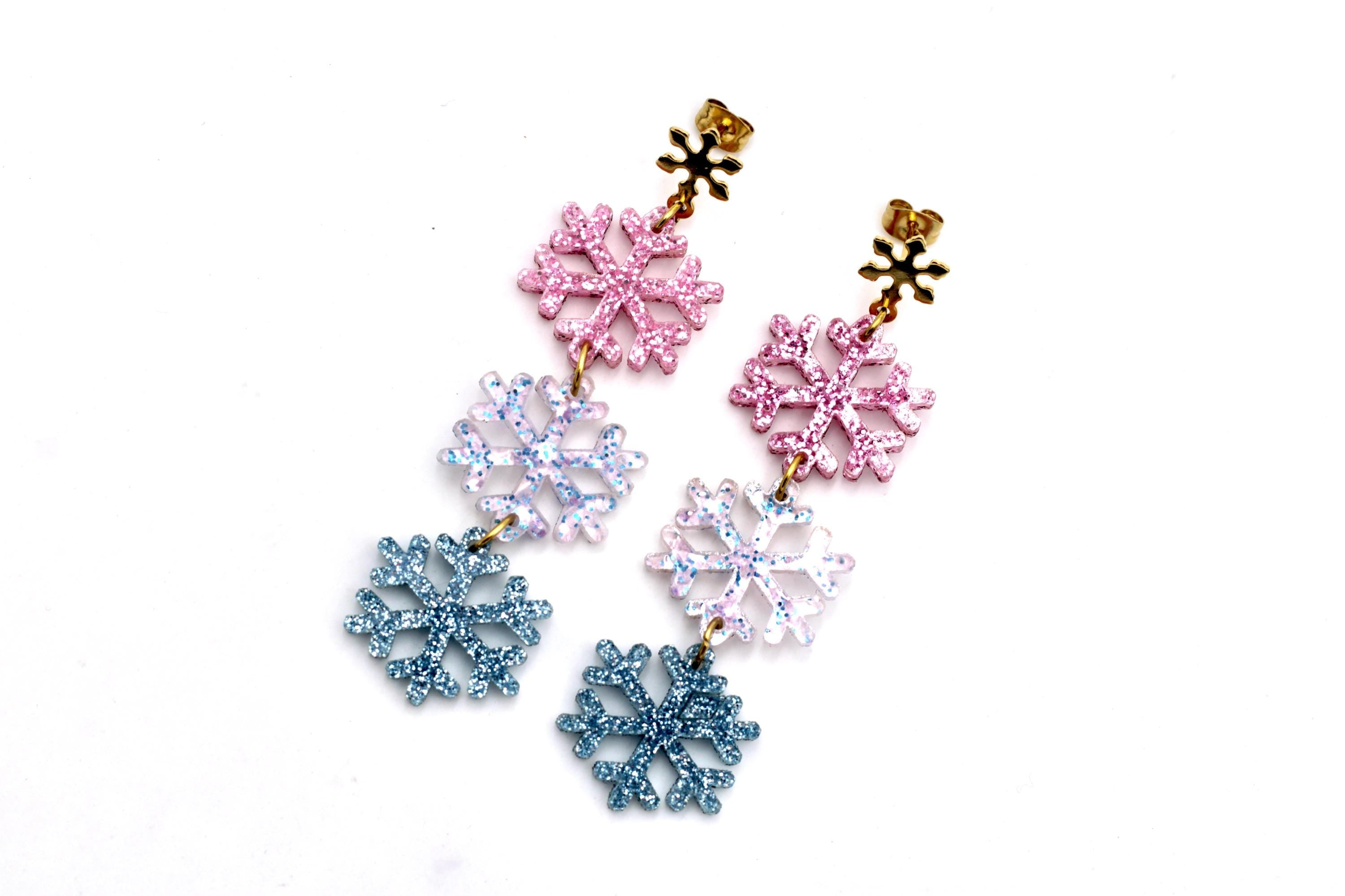 Pink & Blue Glitter Snowflake Earrings
