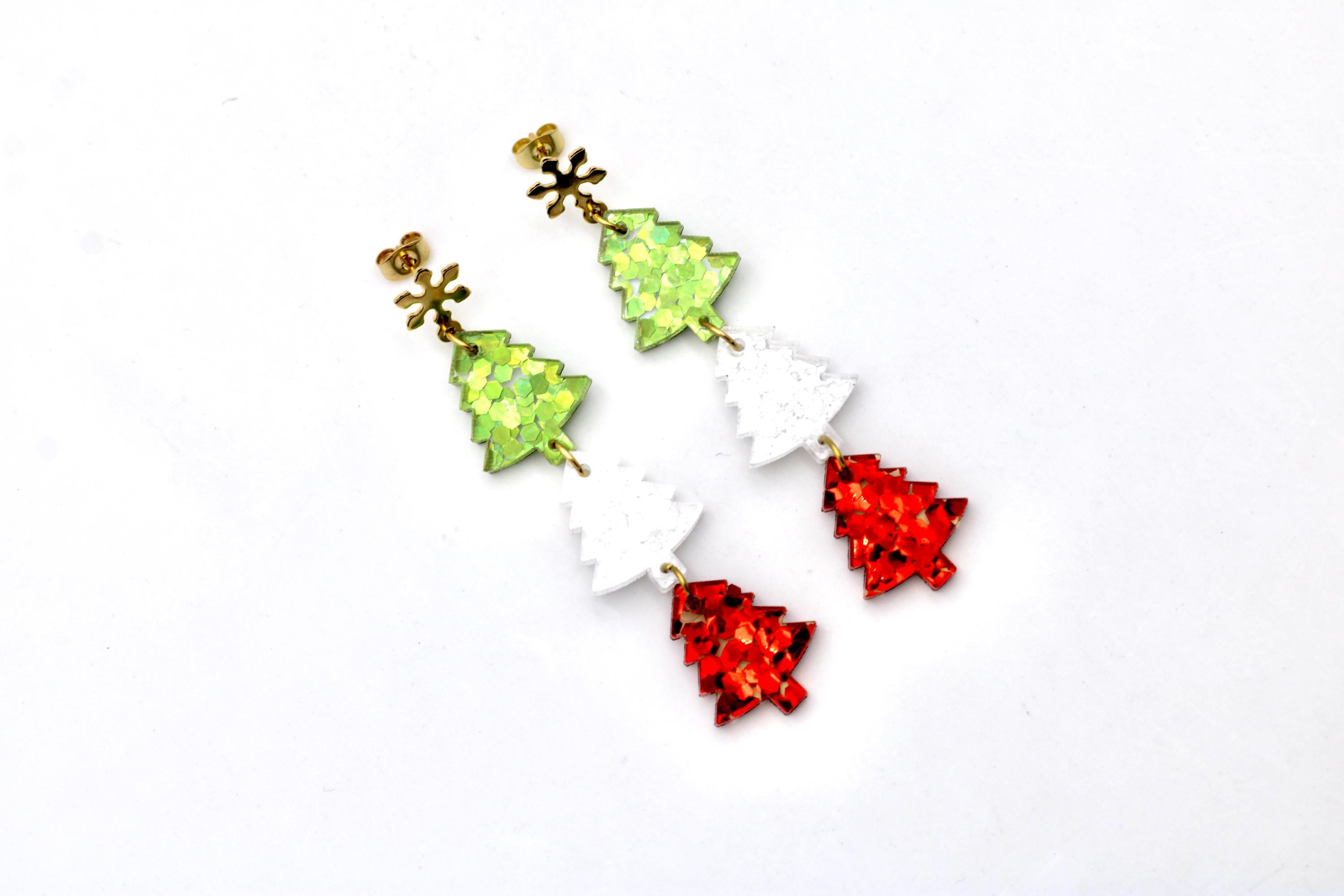 Red White Green Triple Tree Earrings
