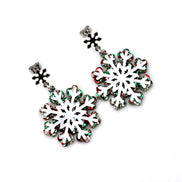 Red Green Silver Snowflake Earrings