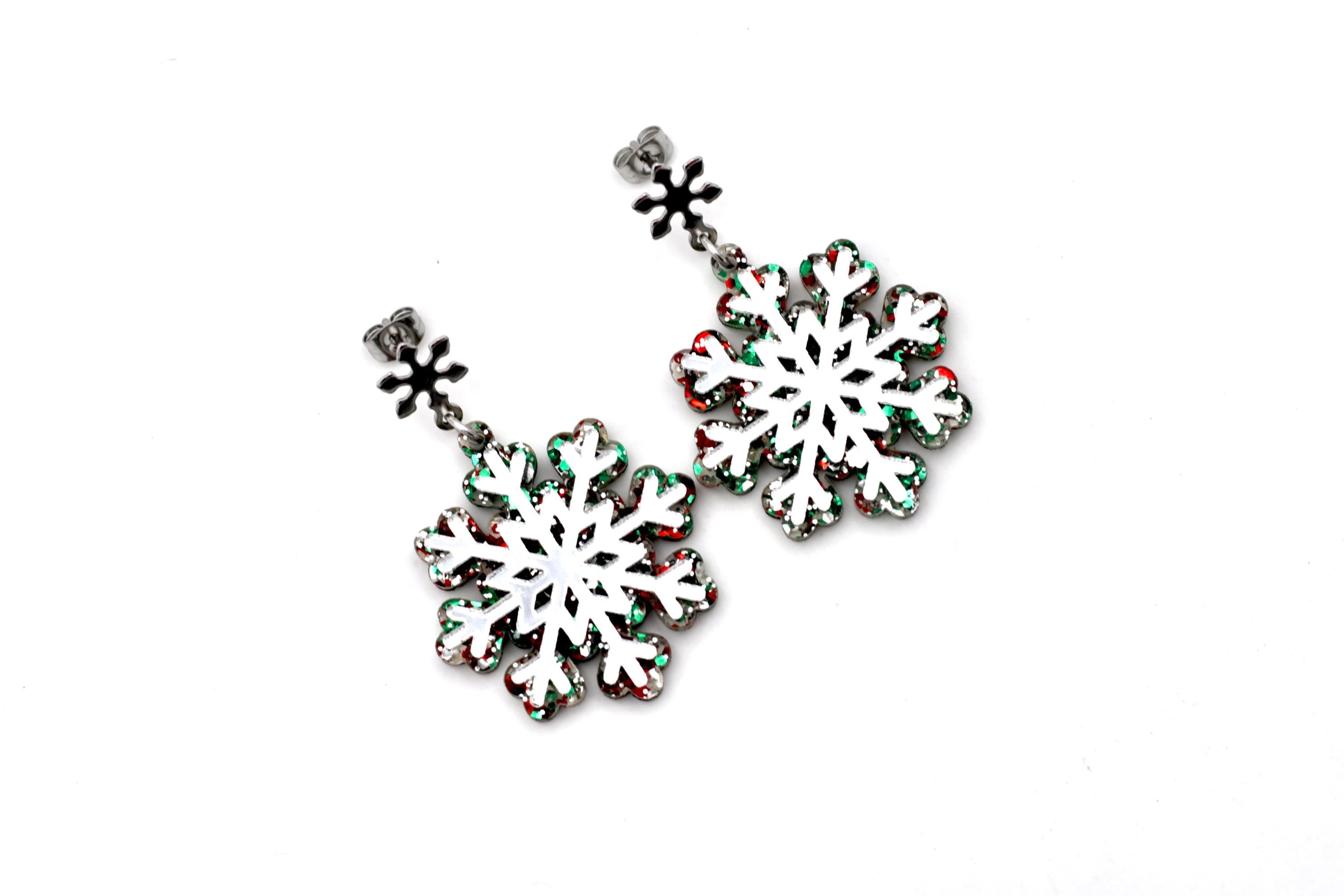 Red Green Silver Snowflake Earrings