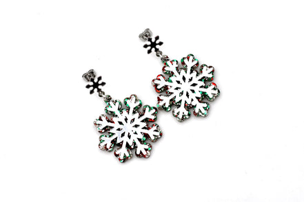 Red Green Silver Snowflake Earrings