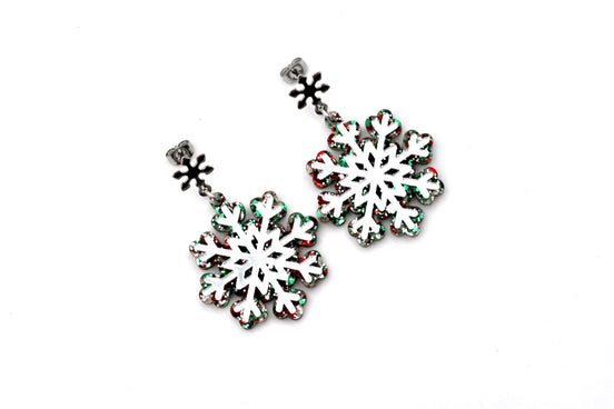Red Green Silver Snowflake Earrings