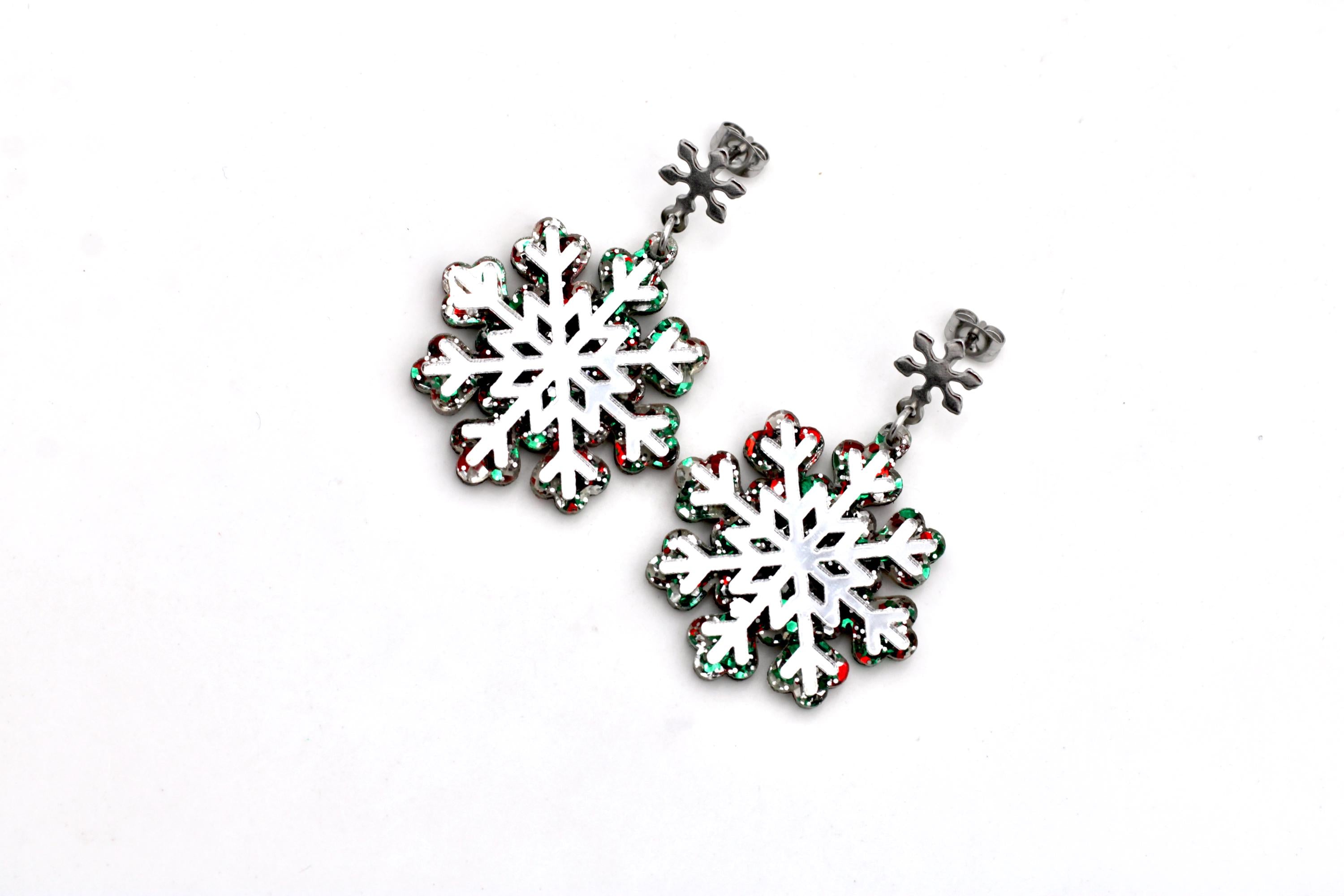Red Green Silver Snowflake Earrings