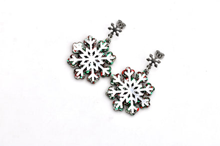 Red Green Silver Snowflake Earrings