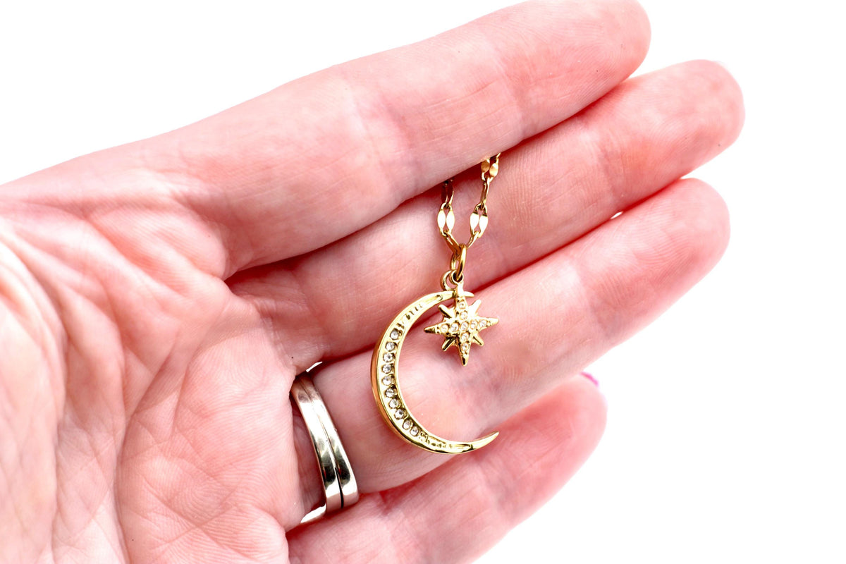 Gold Crescent Moon Rhinestone Necklace