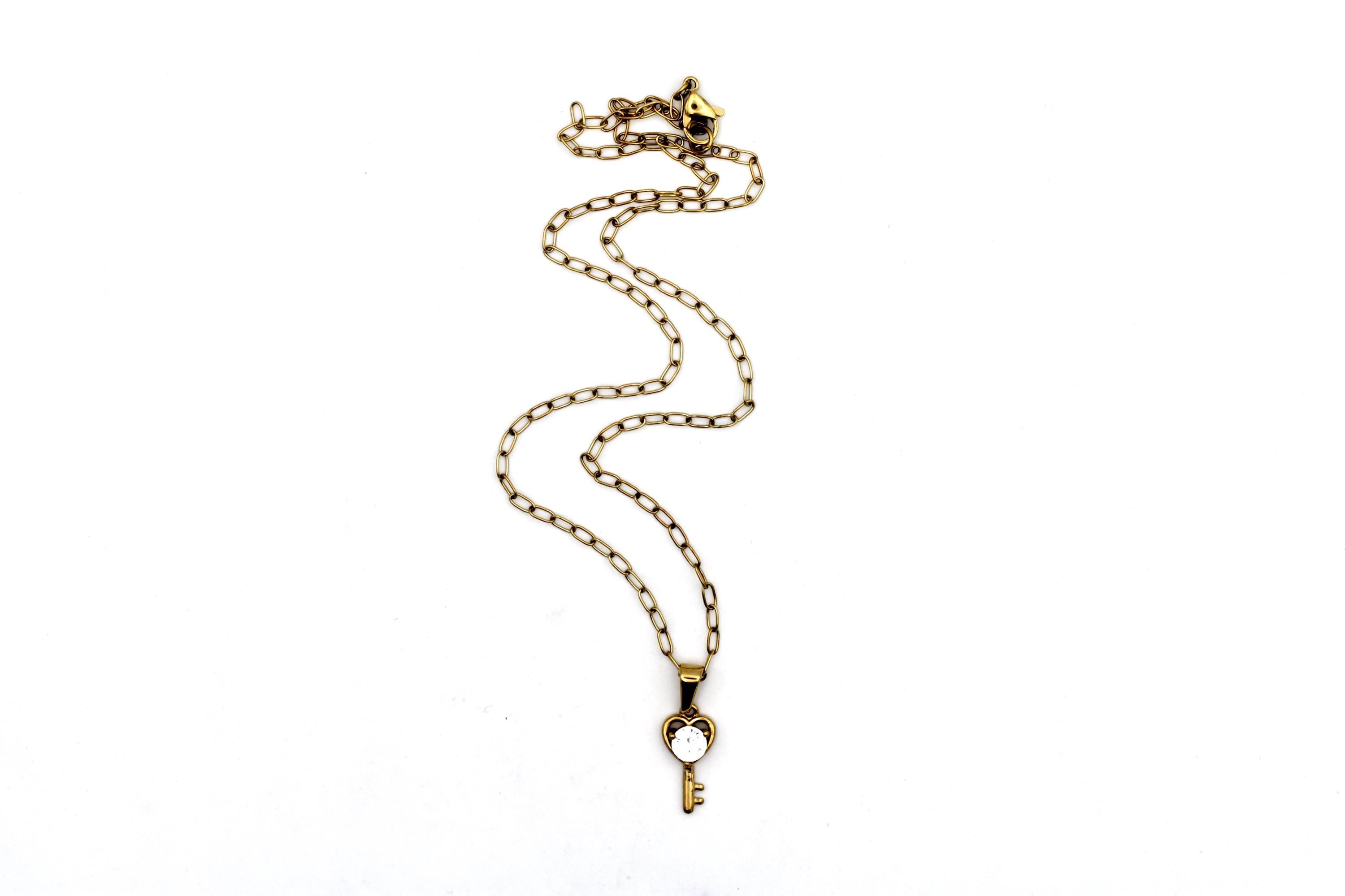 Gold Heart Key Rhinestone Necklace