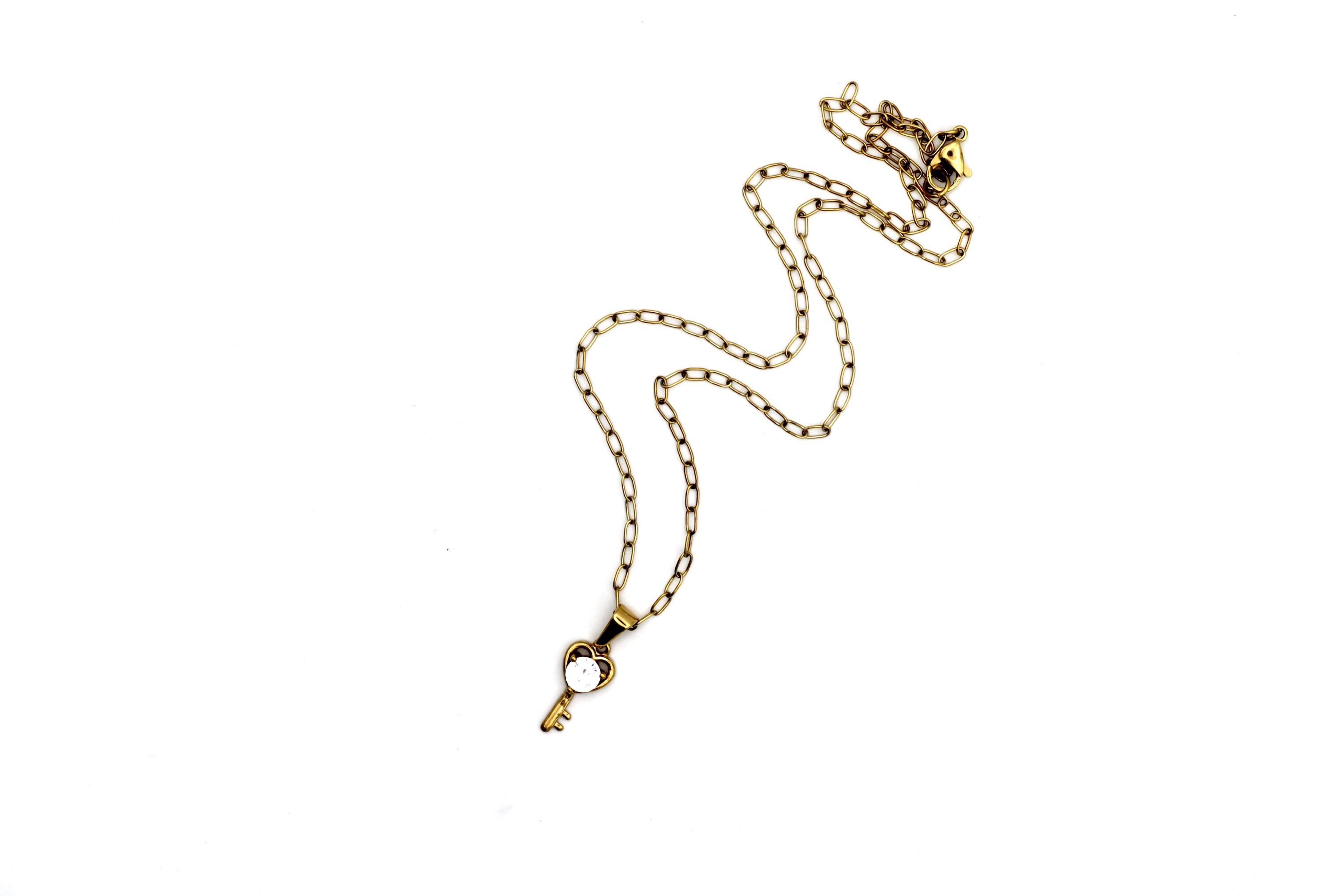 Gold Heart Key Rhinestone Necklace