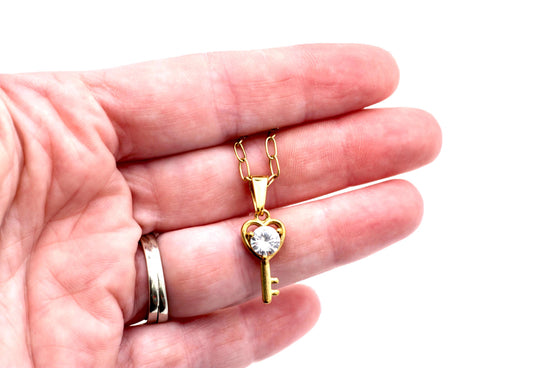 Gold Heart Key Rhinestone Necklace