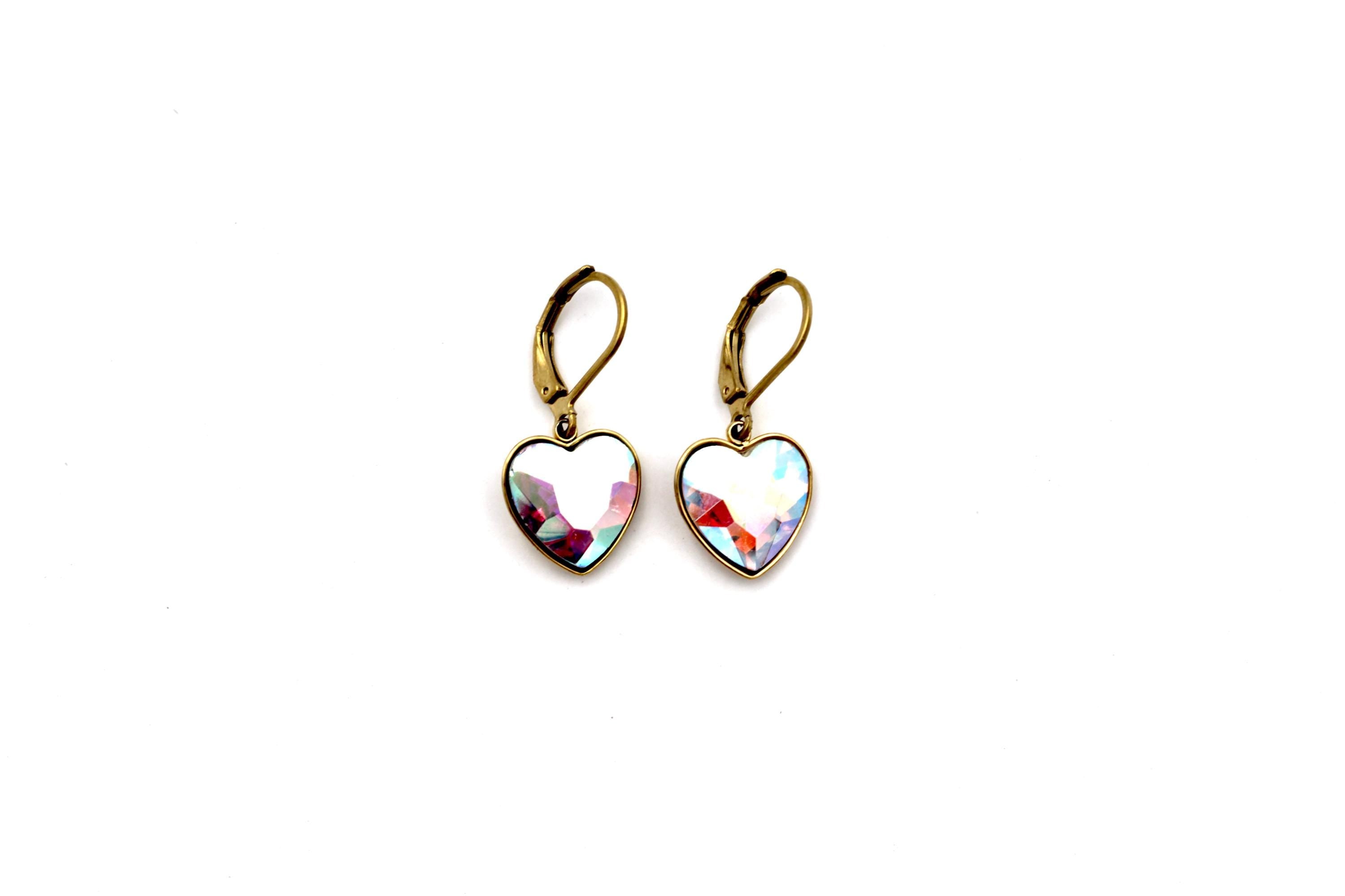 Multicolor Rhinestone Heart Leverback Earrings