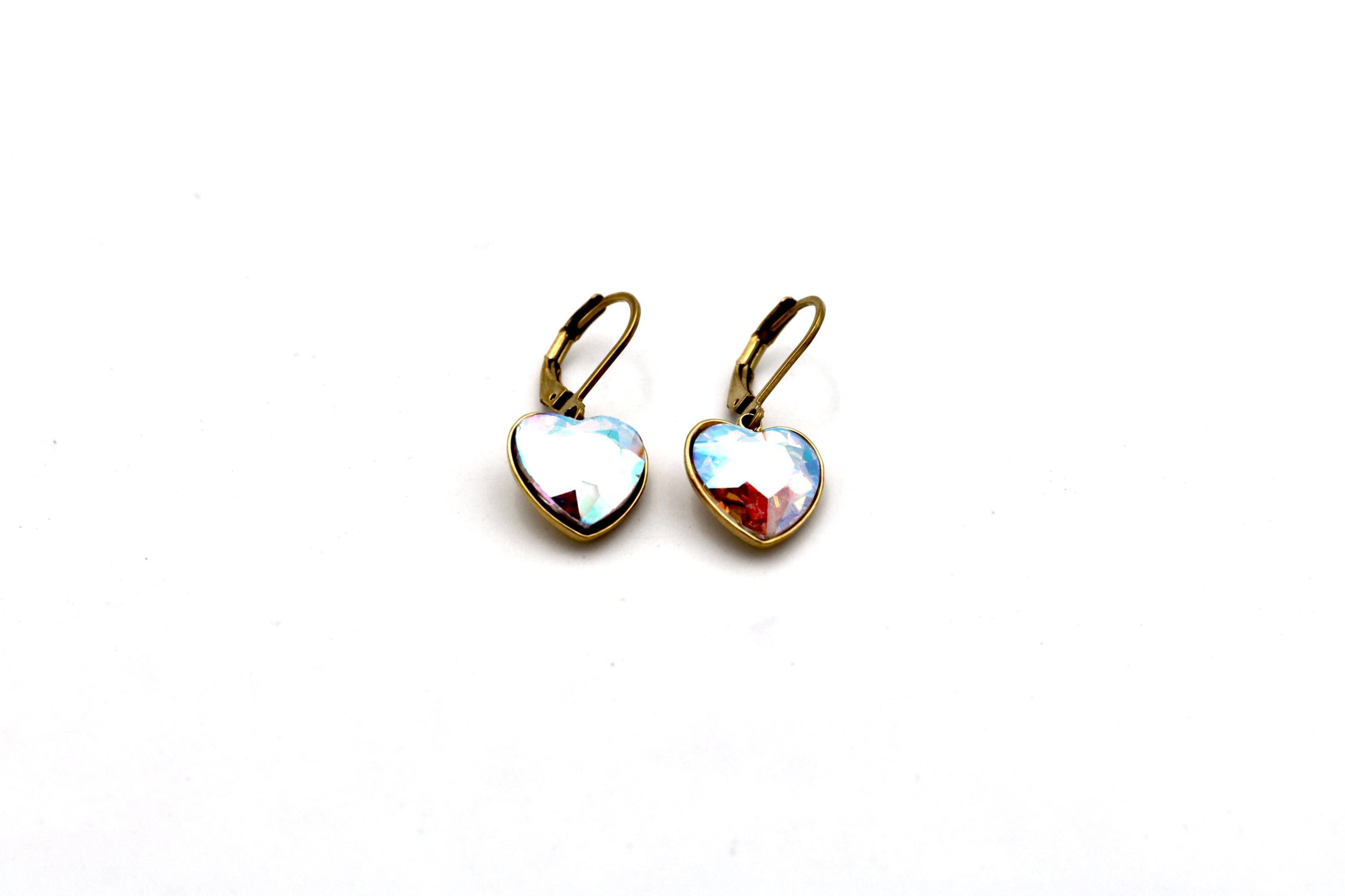 Multicolor Rhinestone Heart Leverback Earrings