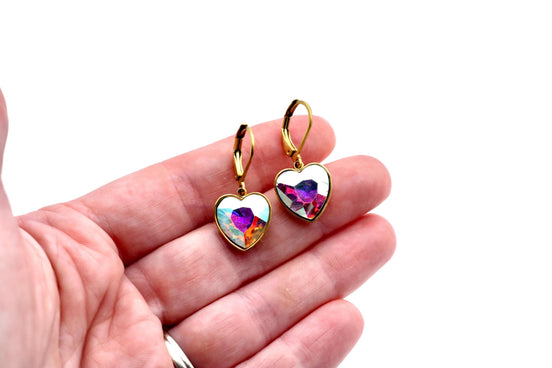 Multicolor Rhinestone Heart Leverback Earrings